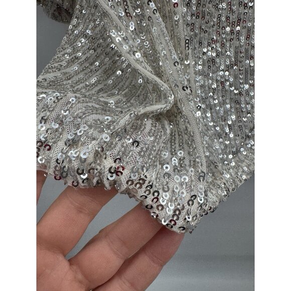 Cece Women XLarge Sequin Silver Blouse 3/4 Sleeve Lantern Elastic Waist Glam - Picture 4 of 11